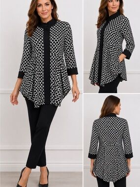 Joseph Ribkoff Black & White Geo-Print Tunic with Contrast Trim